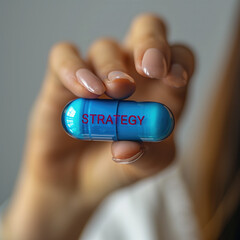 Fingers holding a blue mini pill with text STRATEGY