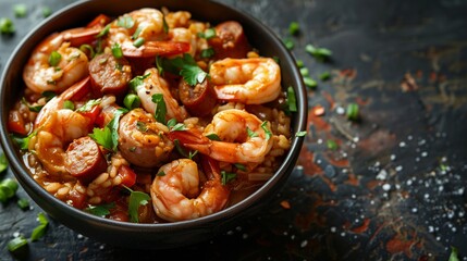 Savory shrimp jambalaya in a black bowl with sausage slices, bell peppers, and fresh herbs, on a...