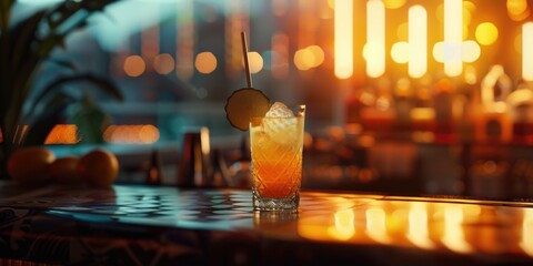 A glass of a drink with a lime wedge in it sits on a bar counter. The bar is dimly lit, creating a cozy and intimate atmosphere - obrazy, fototapety, plakaty
