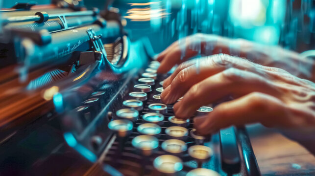 Vintage typewriter at work with hands typing