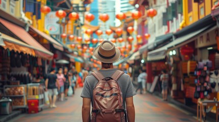 Traveler with a backpack exploring a vibrant Asian street market adorned with red lanterns,...