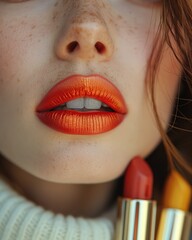 close up portrait of a person, close up of  lips, Lipstick, orange