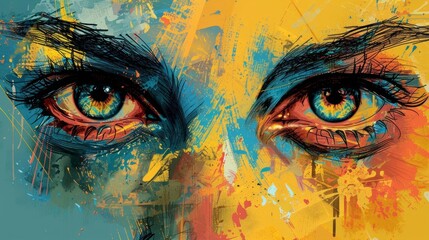 Decorate your space with a vibrant digital abstract art poster, featuring intricate doodle human eyes for a unique touch. - obrazy, fototapety, plakaty
