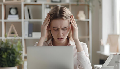 Female worker has pain in her head on white office background