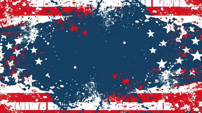 A frame of paint splashes in red and blue colors with white stars, resembling an abstract representation of the USA flag