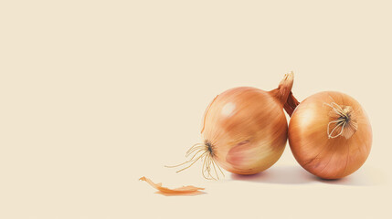 Whole, fresh onions displayed on a plain, beige background.
