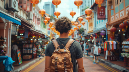 Young backpacker exploring vibrant Asian street market adorned with red lanterns, possibly during Chinese New Year festivities, urban travel and culture concept