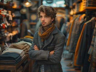 A contemplative store owner with tousled hair stands amid a richly textured menswear boutique, surrounded by racks of stylish coats and shelves lined with assorted fashion accessories. - obrazy, fototapety, plakaty