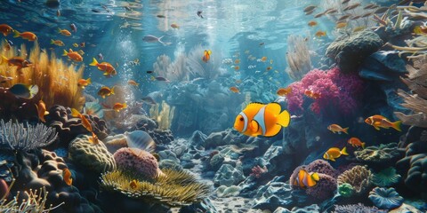 A colorful underwater scene with a yellow and orange fish swimming in the middle. The fish is surrounded by many other fish of various colors, creating a vibrant and lively atmosphere