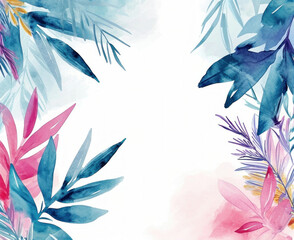 Fototapeta na wymiar Watercolor tropical background with colorful leaves and flowers on white background, abstract botanical illustration concept