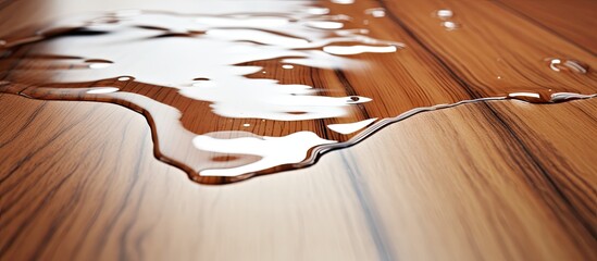 The close-up image showcases a wooden floor with a visible puddle of water accumulated on its surface