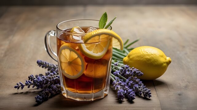 A tall glass of iced tea with lemon slices and a sprig of lavender --ar 3:2 --v 4