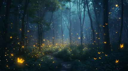 A dense, mystical forest illuminated by the soft glow of fireflies, creating a magical and...