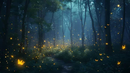 Poster A dense, mystical forest illuminated by the soft glow of fireflies, creating a magical and enchanting ambiance. © Nature