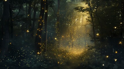 A dense, mystical forest illuminated by the soft glow of fireflies, creating a magical and enchanting ambiance.