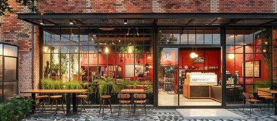 Fototapeta na wymiar design exterior modern cozy cafe with red brick concept