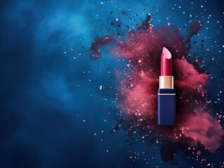 Cosmetic beauty products lipstick and smudged stains on dark blue gradient background