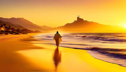 Fototapeta na wymiar A person walking on a beach with a mountain in the background and a yellow sunset sky