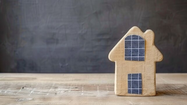 Miniature model of a house with a solar panel on the roof. Concept: energy efficiency of housing, renewable energy sources