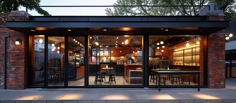 design exterior modern cozy cafe with red brick concept