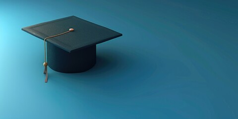 A graduation cap is on a blue background. The cap is black and has a gold tassel