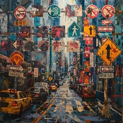 Navigating the Vibrant Tapestry of an Urban Landscape Filled with Traffic Signs and Organized Chaos