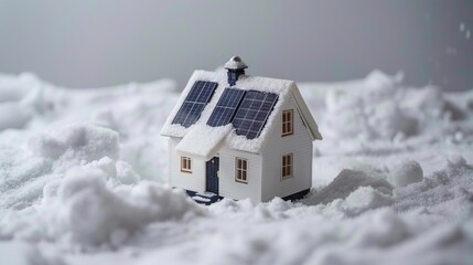 a miniature model of a house with solar panels on the roof, surrounded by snow.
Concept: renewable energy, energy efficiency in winter