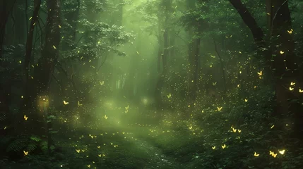 Poster A dense, mystical forest illuminated by the soft glow of fireflies, creating a magical and enchanting ambiance. © Nature