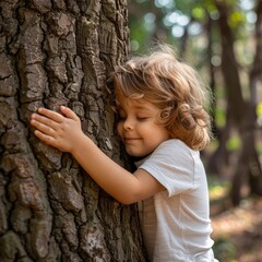 Child embraces tree in the woods, symbolizing the fight against carbon emissions and striving for a net zero, climate-neutral world.