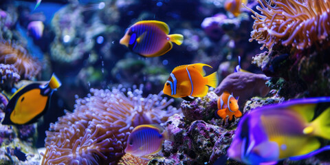 Fototapeta premium A colorful fish tank with a variety of fish, including a yellow and orange fish. The tank is filled with coral and rocks, creating a vibrant and lively atmosphere