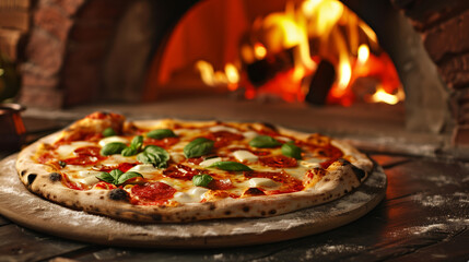 Authentic Italian pepperoni pizza with fresh basil on a wooden table with a warm, rustic wood-fired...