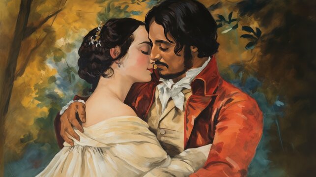 A painting of a man and woman embracing each other. The woman is wearing a white dress and the man is wearing a red jacket. The painting has a romantic and intimate mood