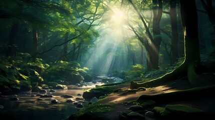 A dense forest with sunbeams piercing through the canopy, creating an ethereal and otherworldly...