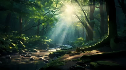 Fotobehang A dense forest with sunbeams piercing through the canopy, creating an ethereal and otherworldly atmosphere. © Nature