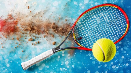 Craft a dynamic composition showcasing a tennis racket and ball frozen in mid-air, captured at the peak of
