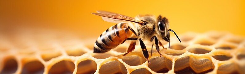 Close-up macro shot of a bee collecting nectar from honeycomb - obrazy, fototapety, plakaty
