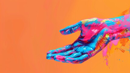 Add a funky vibe to your space with a vibrant neon pop art collage of a hand, perfect for posters...