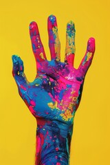 Add a funky vibe to your space with a vibrant neon pop art collage of a hand, perfect for posters...