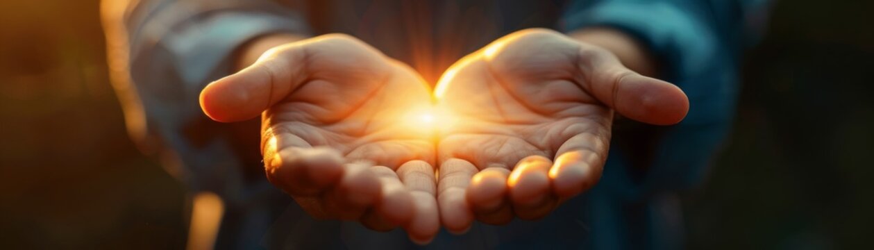 Open hands in worship, filled with light, seeking God's blessing, repenting during Catholic Lent, praying with a mindful heart.