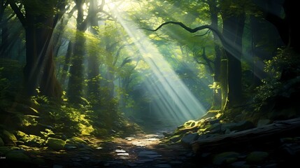 A dense forest with sunbeams piercing through the canopy, creating an ethereal and otherworldly atmosphere.