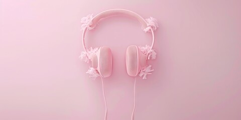 Pink headphones next to flowers on a bright background.
Concept: Advertising of audio equipment and accessories, gifts for music lovers. Copy space banner