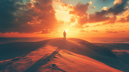  A man is standing on a dune at sunset looking out over the desert. stunning desert landscape at golden hour.  - obrazy, fototapety, plakaty