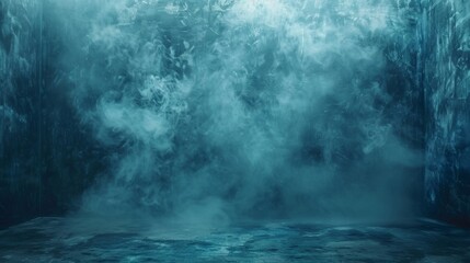 Dark blue cement wall in studio room with floating smoke creates moody backdrop for product displays.