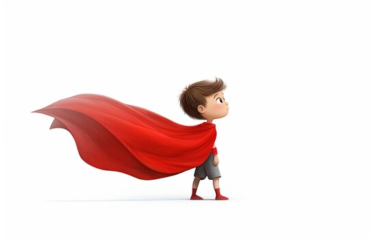 A young animated boy wearing a flowing red superhero cape stands poised and ready for adventure on a white background.