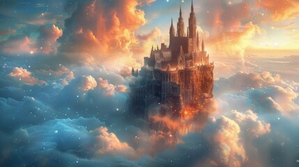 A dark and mysterious castle floats among the clouds, its gothic spires reaching up to the sky in a...