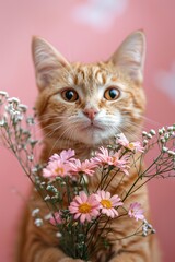 Adorable kitten surprises with flower bouquet for a romantic Valentine's Day gift.