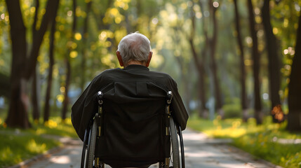 Older senior Man in wheelchair in park of retirement home - obrazy, fototapety, plakaty
