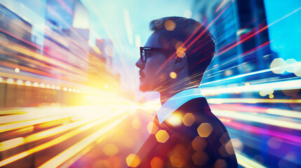  A double exposure of a young businessman wearing glasses,a suit and tie stands in front of an office building, and long exposure car tail lights.