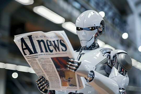 Artificial Intelligence Robot reading newspaper AI NEWS, conceptual image
