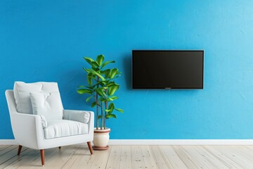 Smart TV on the blue wall in living room with armchair,minimal design,3d rendering